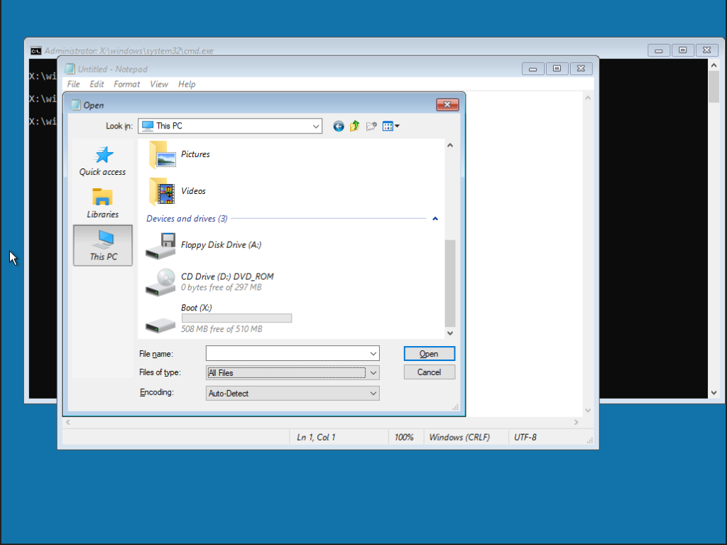 WinPE with an open notepad.