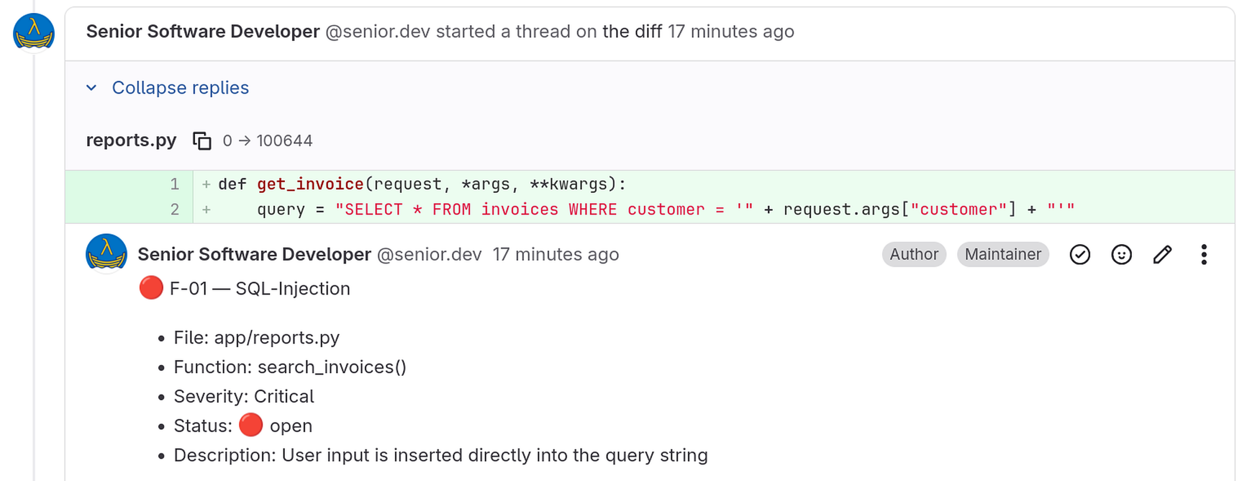 Code Review Beispiel für SQL-Injection